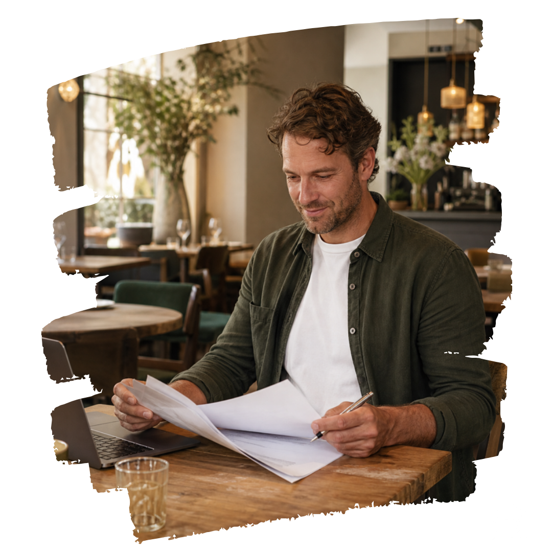 Horecaondernemer regelt papierwerk in zijn zaak